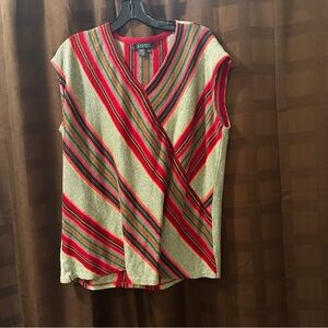 Lauren Ralph Lauren Linen Madras Stripe Faux Wrap Top Red Green Brown Size 2X